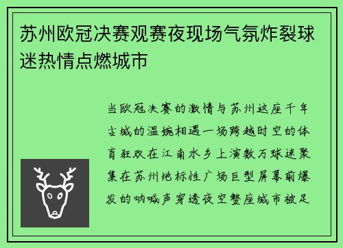 苏州欧冠决赛观赛夜现场气氛炸裂球迷热情点燃城市