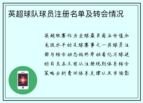 英超球队球员注册名单及转会情况