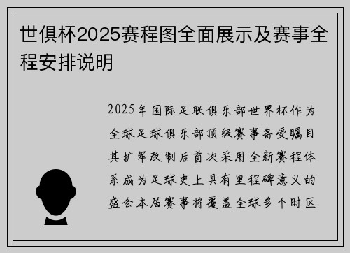 世俱杯2025赛程图全面展示及赛事全程安排说明