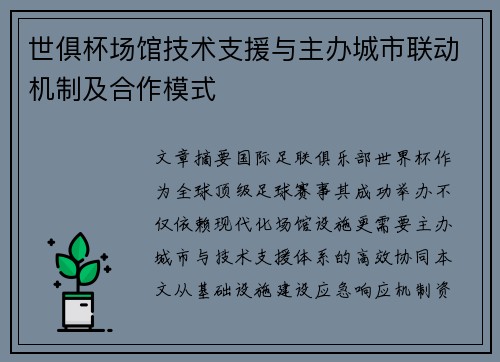 世俱杯场馆技术支援与主办城市联动机制及合作模式