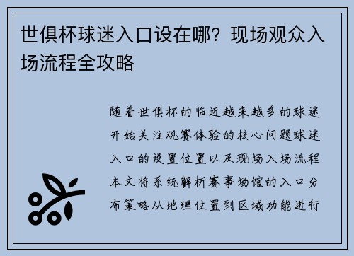 世俱杯球迷入口设在哪？现场观众入场流程全攻略